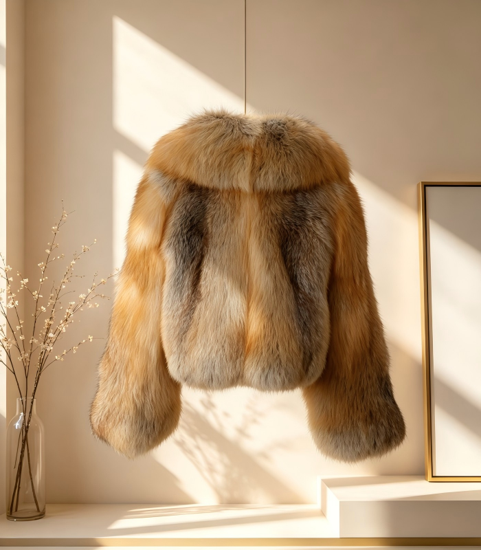 #2604 Women Short Golden Island Fox Fur Coat, Real Full Skin Golden Island Fox Jacket Luxury Warm Winter Outerwear.b