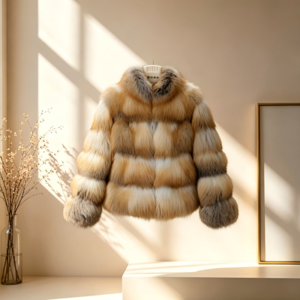 #2602 Women Short Stand Collar Golden Island Fox Fur Jacket, Real Full Skin Fox Fur Luxury Winter Outerwear.c
