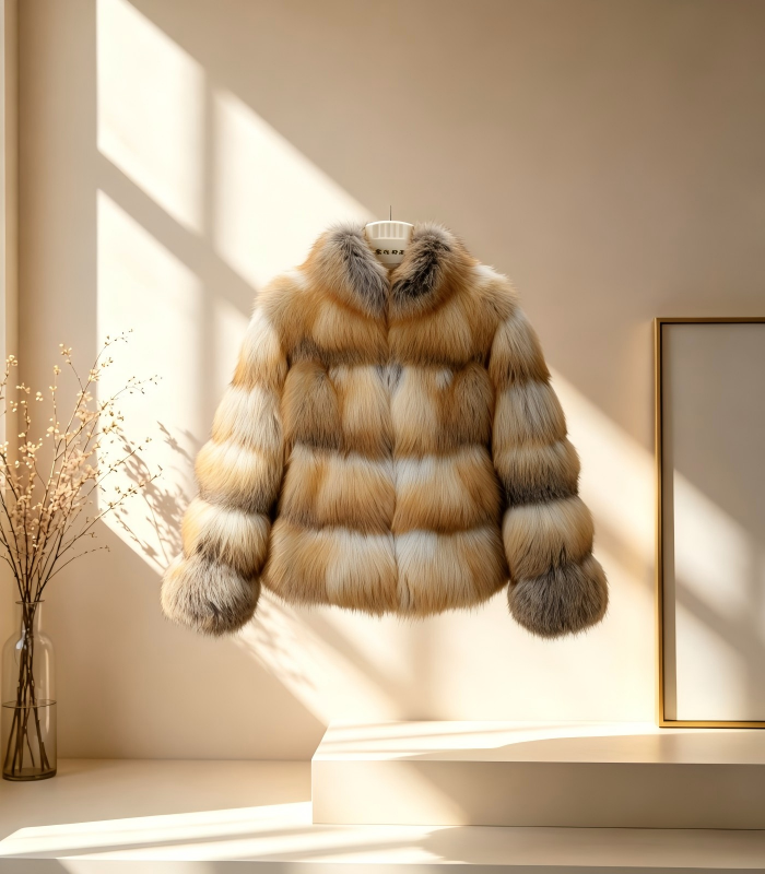 #2602 Women Short Stand Collar Golden Island Fox Fur Jacket, Real Full Skin Fox Fur Luxury Winter Outerwear.c