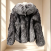 #2607 Women Short Silver Fox Fur Coat, Real Full Skin Silver Fox Jacket Luxury Winter Outerwear.a