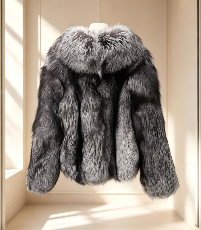 #2607 Women Short Silver Fox Fur Coat, Real Full Skin Silver Fox Jacket Luxury Winter Outerwear.a