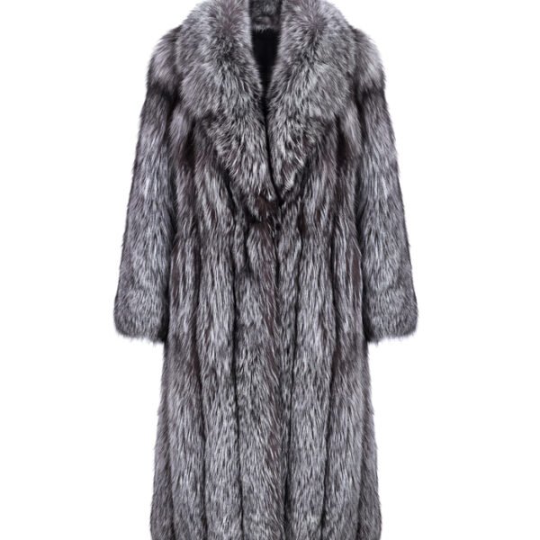 #2606 Long Silver Fox Fur Coat for Women, Real Full Skin Silver Fox Jacket Wide Lapel Luxury Winter Outerwear.d