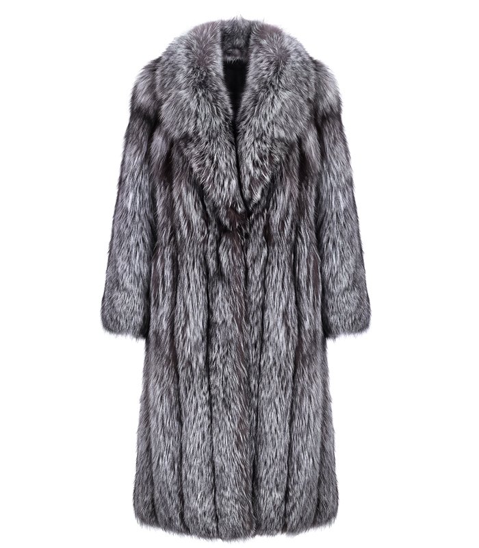 #2606 Long Silver Fox Fur Coat for Women, Real Full Skin Silver Fox Jacket Wide Lapel Luxury Winter Outerwear.d