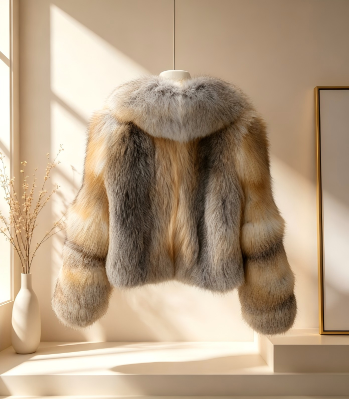 #2603 Women V Neck Short Golden Island Fox Fur Jacket, Real Full Skin Golden Island Fox Coat Luxury Winter Outerwear.a