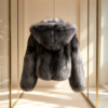 #2608 Short Hooded Silver Fox Fur Coat, Real Full Skin Silver Fox Jacket for Women Luxury Winter Outerwear.c