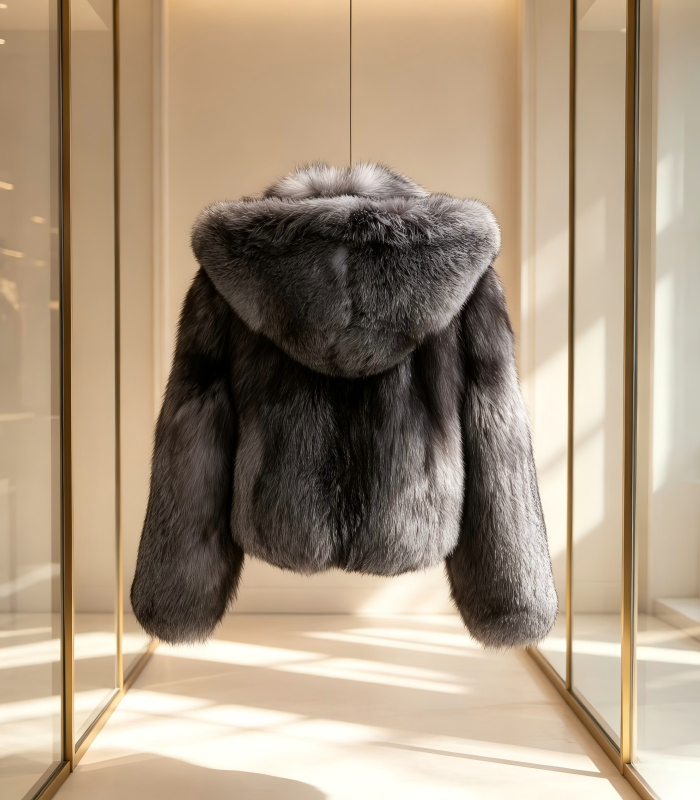 #2608 Short Hooded Silver Fox Fur Coat, Real Full Skin Silver Fox Jacket for Women Luxury Winter Outerwear.c