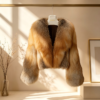#2604 Women Short Golden Island Fox Fur Coat, Real Full Skin Golden Island Fox Jacket Luxury Warm Winter Outerwear.c