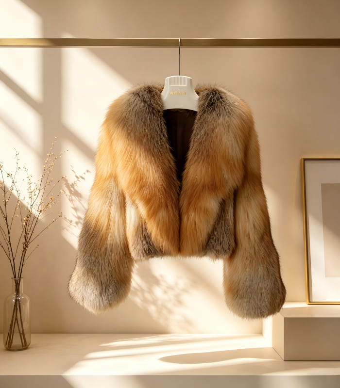#2604 Women Short Golden Island Fox Fur Coat, Real Full Skin Golden Island Fox Jacket Luxury Warm Winter Outerwear.c