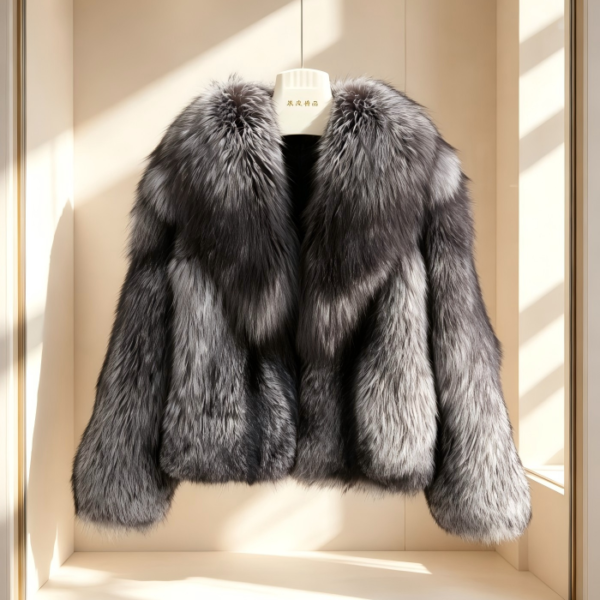 #2607 Women Short Silver Fox Fur Coat, Real Full Skin Silver Fox Jacket Luxury Winter Outerwear.b