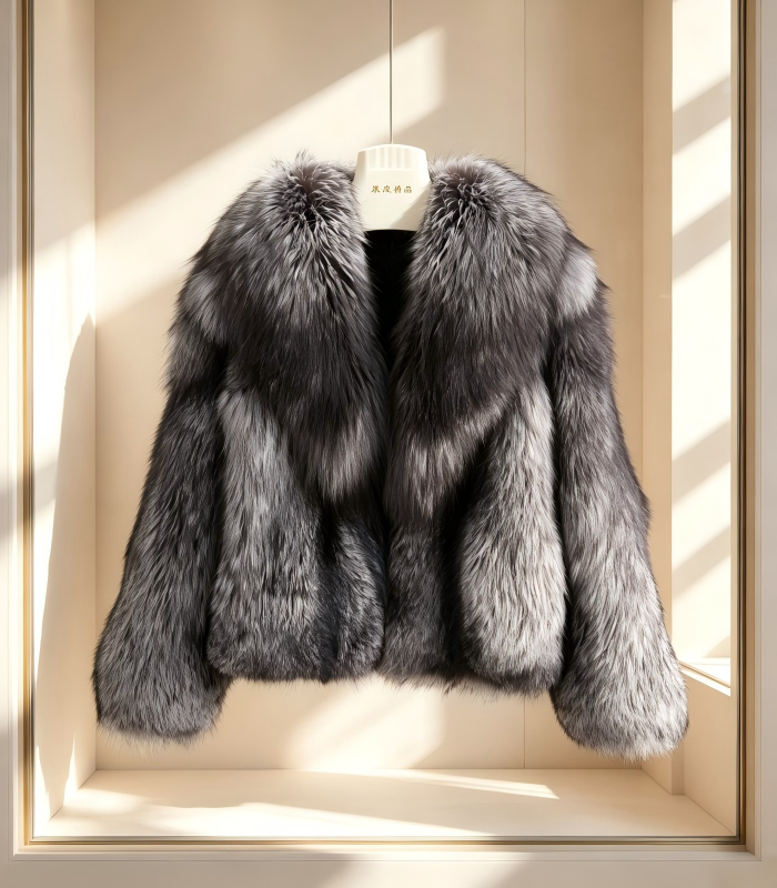 #2607 Women Short Silver Fox Fur Coat, Real Full Skin Silver Fox Jacket Luxury Winter Outerwear.b