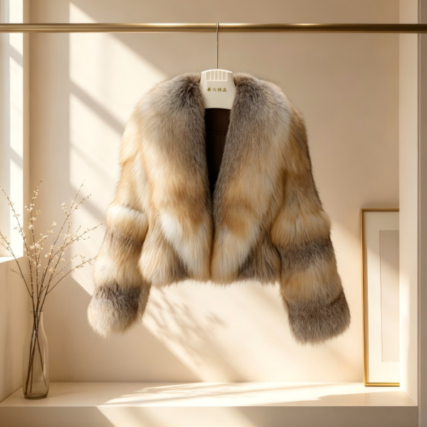 #2603 Women V Neck Short Golden Island Fox Fur Jacket, Real Full Skin Golden Island Fox Coat Luxury Winter Outerwear.b