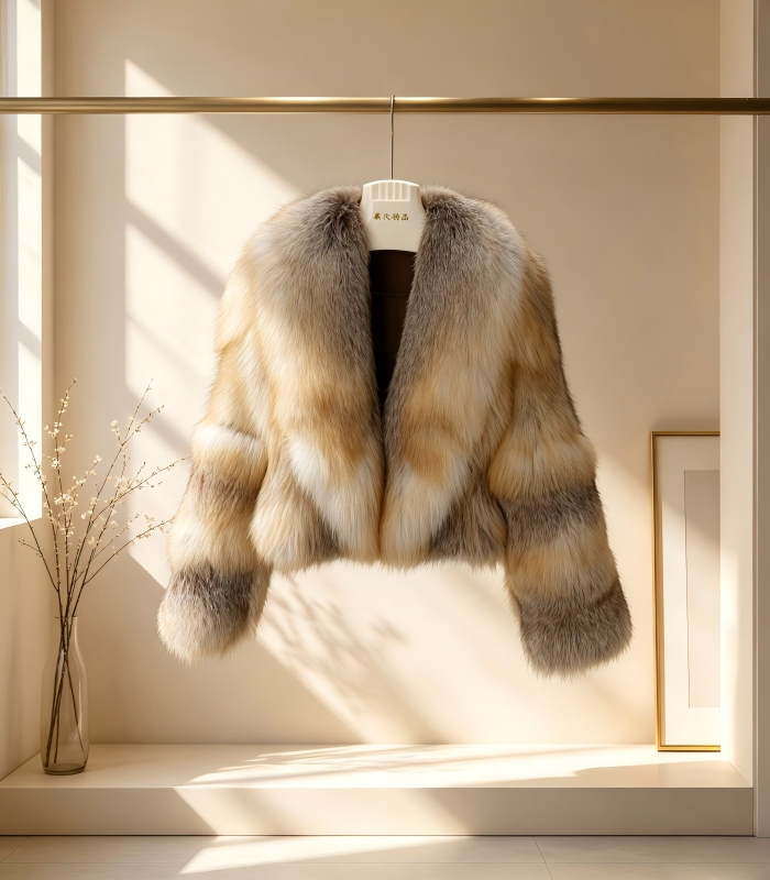 #2603 Women V Neck Short Golden Island Fox Fur Jacket, Real Full Skin Golden Island Fox Coat Luxury Winter Outerwear.b