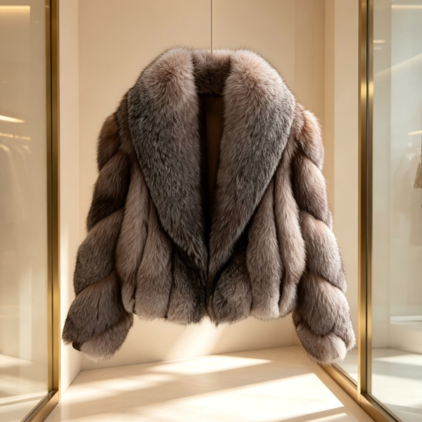 #2610 Short Fox Fur Coat, Real Full Skin Fox Jacket for Women Grey Brown Gradient Luxury Winter Outerwear.c