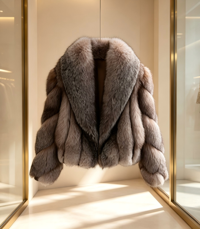 #2610 Short Fox Fur Coat, Real Full Skin Fox Jacket for Women Grey Brown Gradient Luxury Winter Outerwear.c