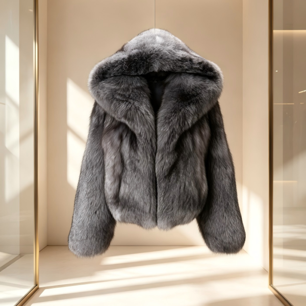 #2608 Short Hooded Silver Fox Fur Coat, Real Full Skin Silver Fox Jacket for Women Luxury Winter Outerwear.b