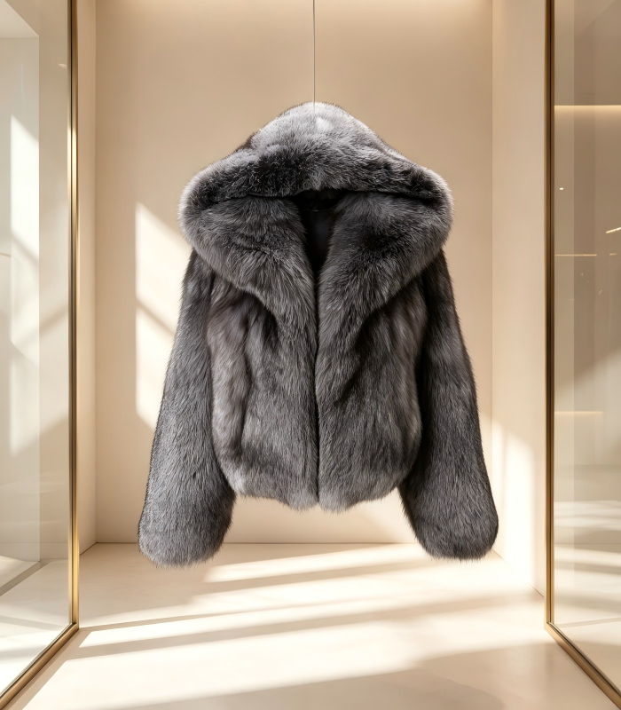 #2608 Short Hooded Silver Fox Fur Coat, Real Full Skin Silver Fox Jacket for Women Luxury Winter Outerwear.b