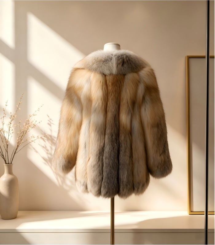 #2605 Women Golden Island Fox Fur Coat, Real Full Skin Golden Island Fox Jacket Vintage Luxury Winter Outerwear.b