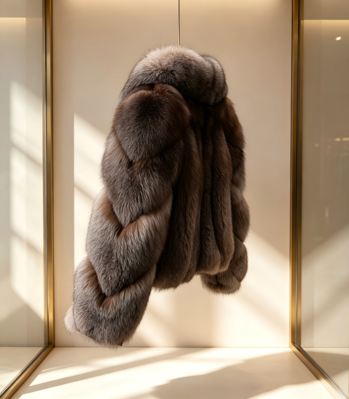 #2610 Short Fox Fur Coat, Real Full Skin Fox Jacket for Women Grey Brown Gradient Luxury Winter Outerwear.a