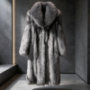#2611 Long Silver Fox Fur Coat, Real Full Skin Silver Fox Jacket for Women Luxury Winter Outerwear.a
