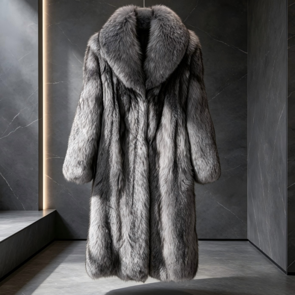 #2611 Long Silver Fox Fur Coat, Real Full Skin Silver Fox Jacket for Women Luxury Winter Outerwear.a