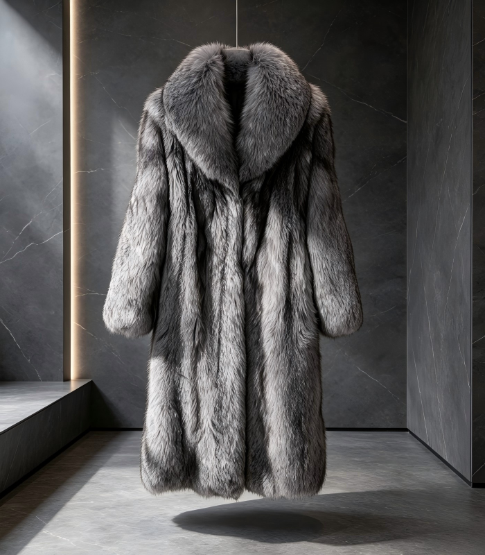 #2611 Long Silver Fox Fur Coat, Real Full Skin Silver Fox Jacket for Women Luxury Winter Outerwear.a