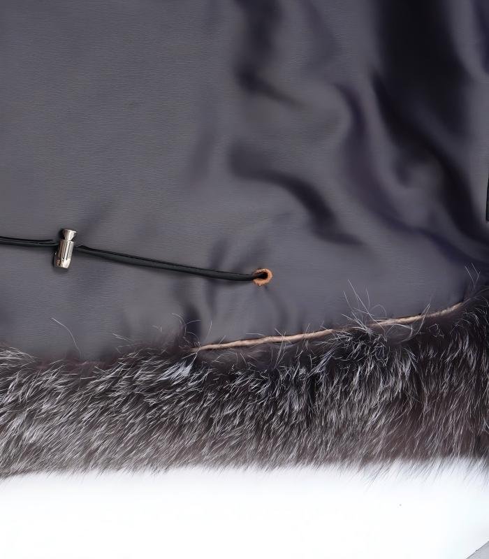 #2612 Premium Grey Hooded Long Silver Fox Fur Coat, Real Full Skin Silver Fox Jacket for Women Luxury Winter Outerwear.d