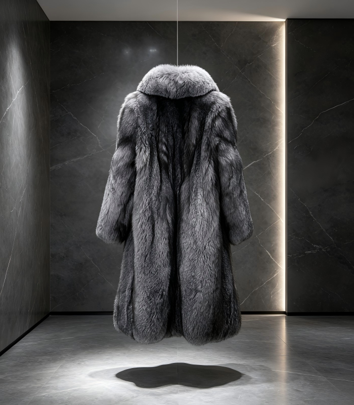 #2611 Long Silver Fox Fur Coat, Real Full Skin Silver Fox Jacket for Women Luxury Winter Outerwear.b