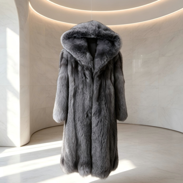 #2612 Premium Grey Hooded Long Silver Fox Fur Coat, Real Full Skin Silver Fox Jacket for Women Luxury Winter Outerwear.c