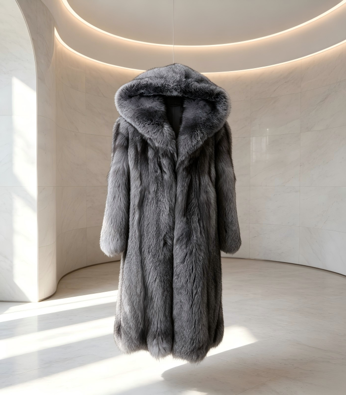 #2612 Premium Grey Hooded Long Silver Fox Fur Coat, Real Full Skin Silver Fox Jacket for Women Luxury Winter Outerwear.c