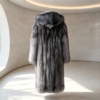 #2612 Premium Grey Hooded Long Silver Fox Fur Coat, Real Full Skin Silver Fox Jacket for Women Luxury Winter Outerwear.b