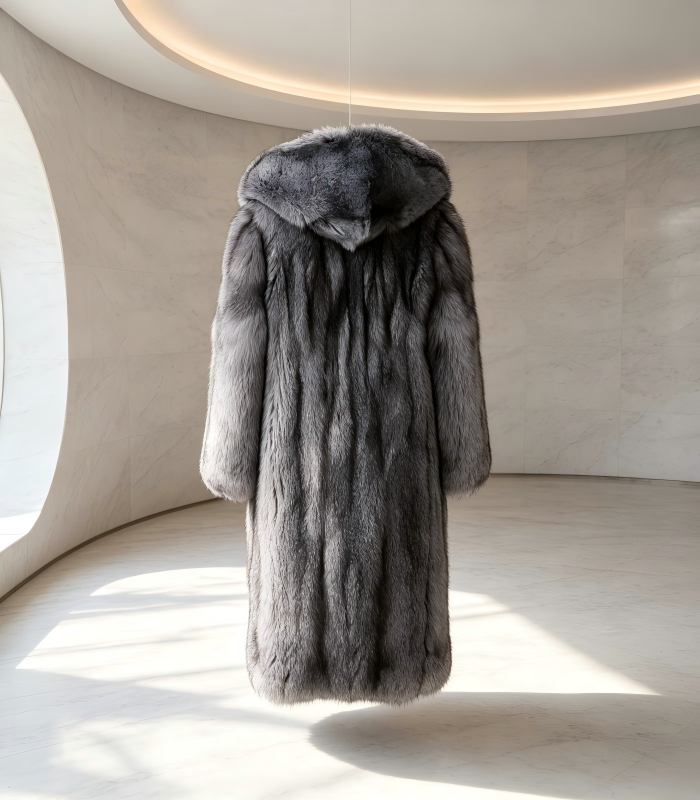 #2612 Premium Grey Hooded Long Silver Fox Fur Coat, Real Full Skin Silver Fox Jacket for Women Luxury Winter Outerwear.b