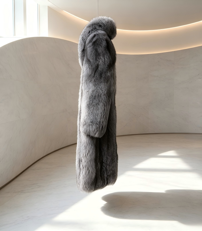 #2612 Premium Grey Hooded Long Silver Fox Fur Coat, Real Full Skin Silver Fox Jacket for Women Luxury Winter Outerwear.a