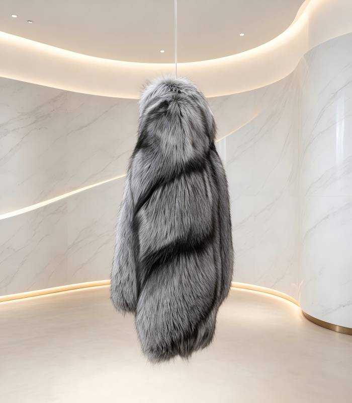 #2615 Short Gradient Silver Fox Fur Coat, Real Full Skin Silver Fox Jacket for Women Light Luxury Winter Outerwear.e