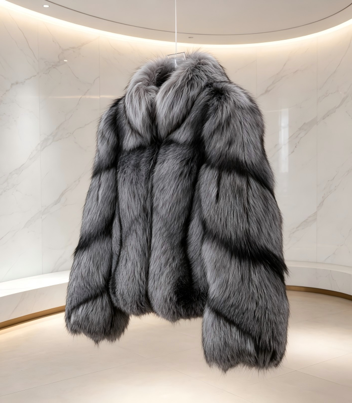 #2615 Short Gradient Silver Fox Fur Coat, Real Full Skin Silver Fox Jacket for Women Light Luxury Winter Outerwear.c