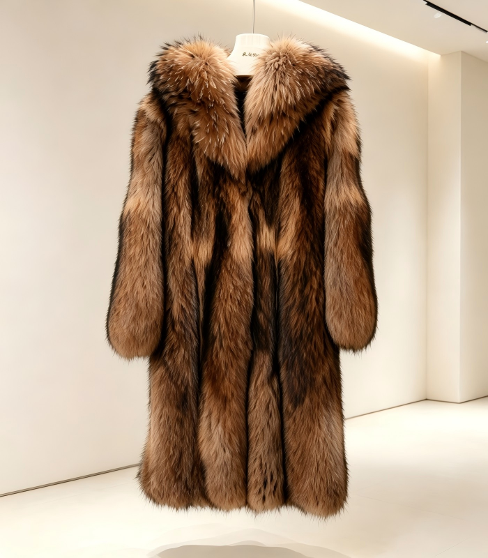 #2618 Long Hooded Raccoon Dog Fur Coat, Real Full Skin Raccoon Dog Jacket for Women Luxury Winter Outerwear.c