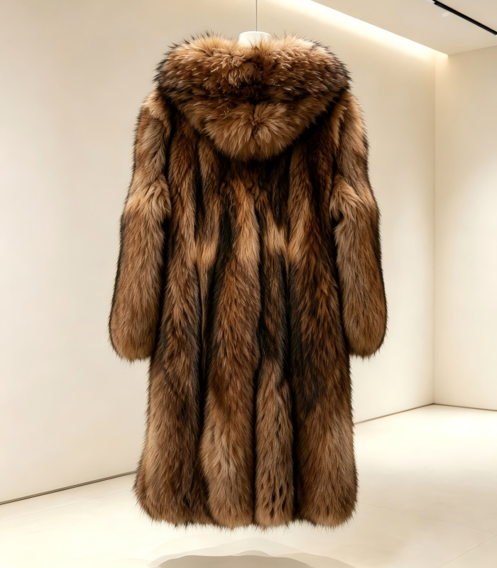 #2618 Long Hooded Raccoon Dog Fur Coat, Real Full Skin Raccoon Dog Jacket for Women Luxury Winter Outerwear.b