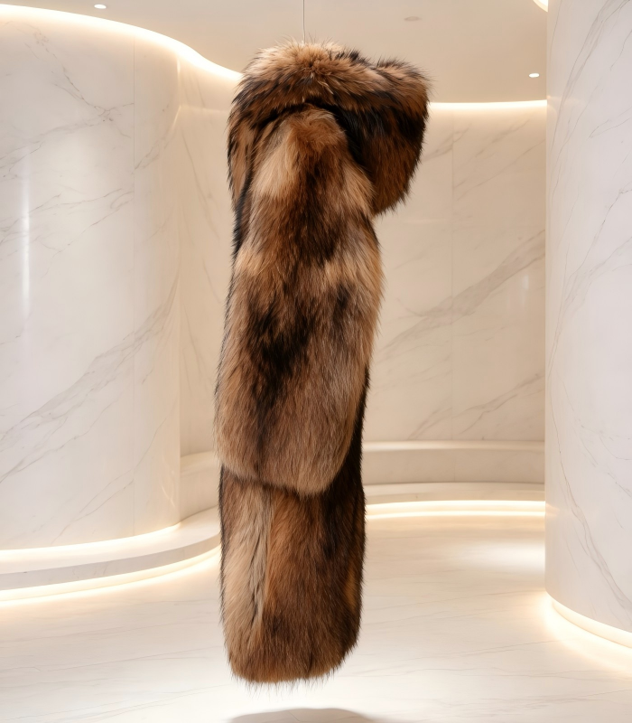 #2618 Long Hooded Raccoon Dog Fur Coat, Real Full Skin Raccoon Dog Jacket for Women Luxury Winter Outerwear.a