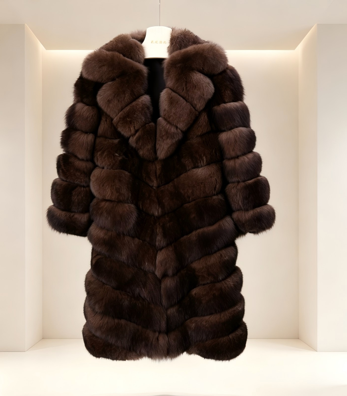 #2620 Dark Brown Horizontal Cut Fox Fur Coat, Real Full Skin Fox Jacket for Women Luxury Winter Outerwear.b