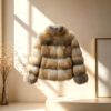 #2602 Women Short Stand Collar Golden Island Fox Fur Jacket, Real Full Skin Fox Fur Luxury Winter Outerwear.a