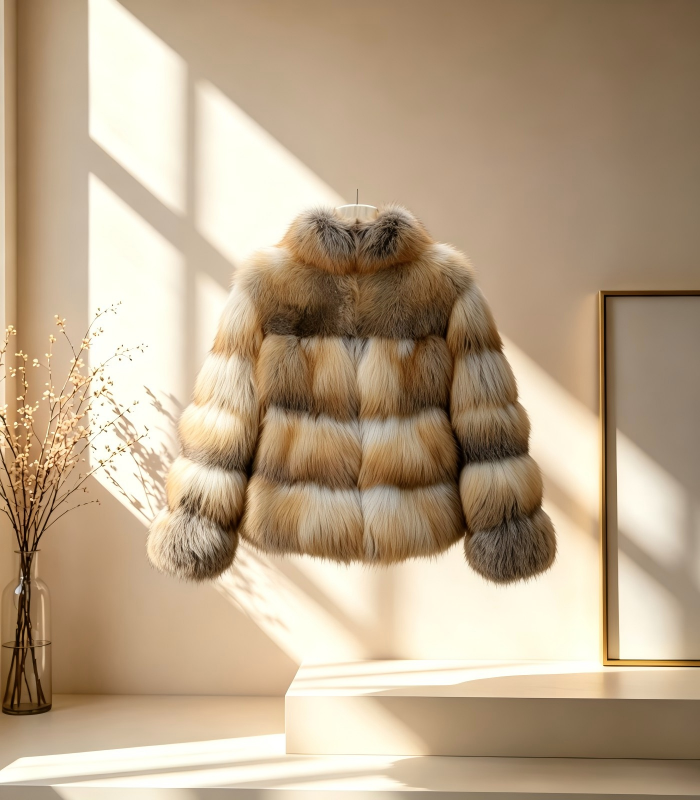 #2602 Women Short Stand Collar Golden Island Fox Fur Jacket, Real Full Skin Fox Fur Luxury Winter Outerwear.a