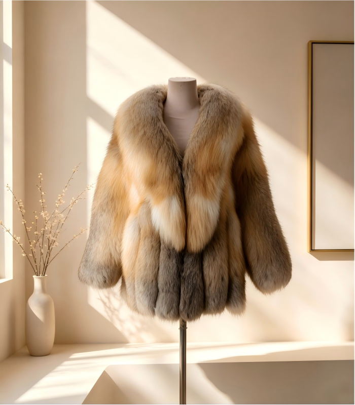 #2605 Women Golden Island Fox Fur Coat, Real Full Skin Golden Island Fox Jacket Vintage Luxury Winter Outerwear.c