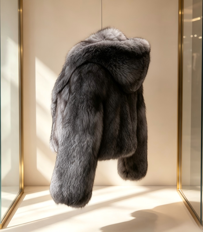 #2608 Short Hooded Silver Fox Fur Coat, Real Full Skin Silver Fox Jacket for Women Luxury Winter Outerwear.a