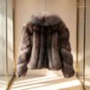#2610 Short Fox Fur Coat, Real Full Skin Fox Jacket for Women Grey Brown Gradient Luxury Winter Outerwear.b