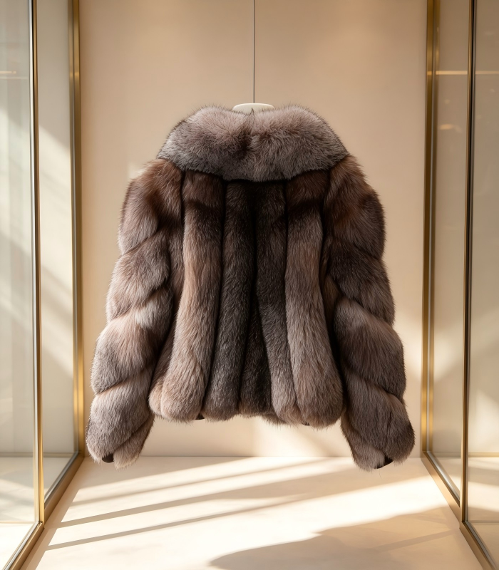 #2610 Short Fox Fur Coat, Real Full Skin Fox Jacket for Women Grey Brown Gradient Luxury Winter Outerwear.b