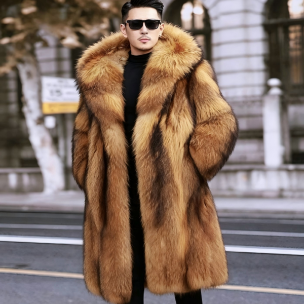 #2661 Men's Long Raccoon Fur Coat With Hood, Real Full Skin Raccoon Fur Jacket Thick Luxury Winter Outerwear.c