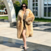 #2662 Women Mid Long Golden Island Fox Fur Coat, Real Full Skin Fox Fur Lapel Luxury Winter Outerwear Model Shot.b