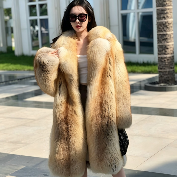 #2662 Women Mid Long Golden Island Fox Fur Coat, Real Full Skin Fox Fur Lapel Luxury Winter Outerwear Model Shot.c