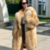 #2662 Women Mid Long Golden Island Fox Fur Coat, Real Full Skin Fox Fur Lapel Luxury Winter Outerwear Model Shot.d