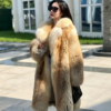 #2662 Women Mid Long Golden Island Fox Fur Coat, Real Full Skin Fox Fur Lapel Luxury Winter Outerwear Model Shot.e