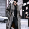 #2663 Men's Long Silver Fox Fur Coat, Real Full Skin Silver Fox Fur Jacket Luxury Winter Outerwear Model Shot.a